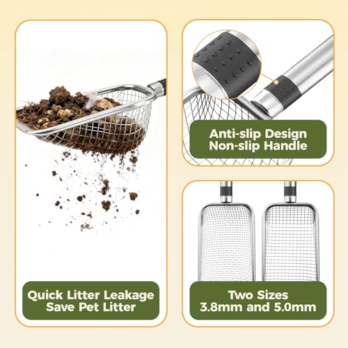 2 Pack Stainless Steel Metal Chicken Cat Poop Scooper(3.8mm+5.0mm) | Coop Scoop Shovel, Chicken Coop Cleaning Tool, Sifting Rake for Chicken Litter, Ergonomic Handle, Easy to Clean