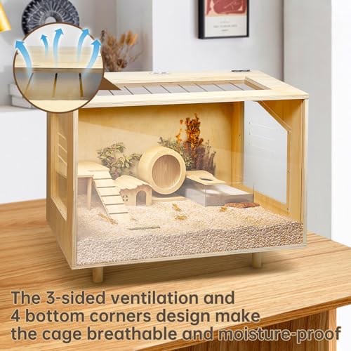 Wooden Hamster Cage - 24 inch Guinea Pig Cage Clear Small Animal cage with Open top Hamster Habitat Wooden Frame with Acrylic Panel | Acrylic and Plywood, Indoor Small Animal Use, Open Top, Clear Panels, Pull-Out Front, 23.6 x 15.7 x 18.5 Inch - size: 23.