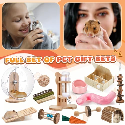 20 Pcs Hamster Toys Set, 16 Small Animal Chewing Toys, Maze Wood House, Silent Exercise Running Wheels and Water Bottle Set Feeding Bowl for Hamster Habitat Rat Cage Accessories(Pink) - color: Pink