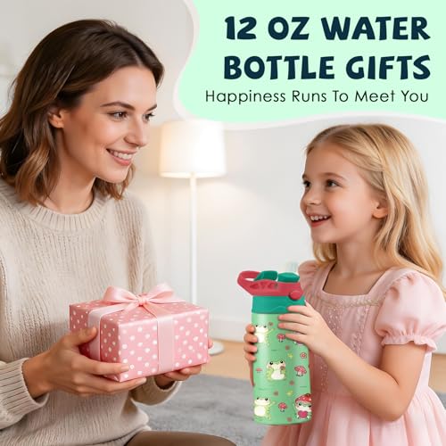 Frog Mushroom 12 oz Water Bottle with Straw – Kids Stainless Steel Vacuum Insulated Cup, Leakproof Pop-Up Spout, Reusable Travel Mug for Boys and Girls Outdoor Sports - color: Frog1