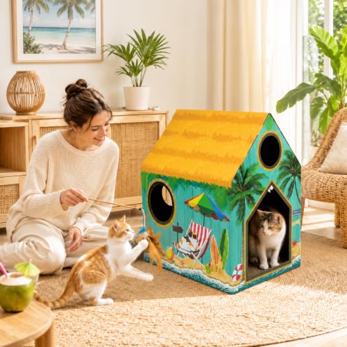 Cinrobiye Cardboard Cat House with Scratcher, Indoor Cat Condo Cat Cave Hideout with Scratch Pad, Cardboard Cat Playhouse Bed for Cats, Kittens, Rabbits & Small Pets (Beach) - color: Beach