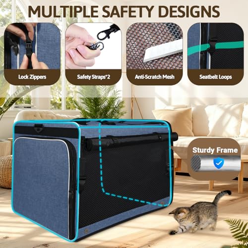 Side Expandable Extra Large Cat Carrier with Litter Box, Blue | 24"L x 17"W x 17"H, Privacy Curtain and Lockable Safety Zippers, for Long Distance Car Travel, Cats Under 55 lbs - color: blue