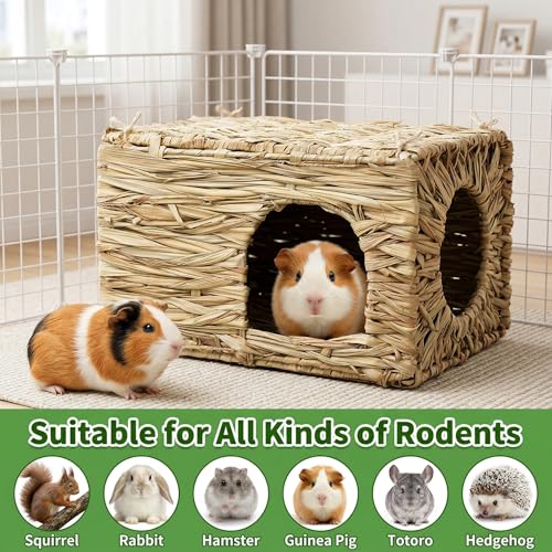 WUWEOT 2 Pack Large Grass Bunny House, Foldable Rabbit Hut, Play Hideaway Bed Hay Mat Chew Toy for Rabbit, Guinea Pigs, Gerbils, Hamster and Small Animals, 11"x8"x8"