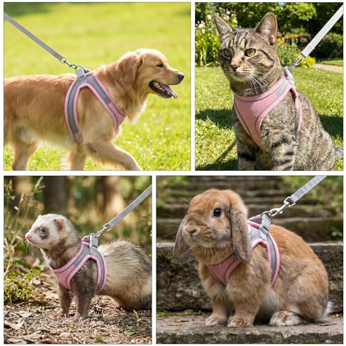 Adjustable Rabbit Harness and Leash Set, Escape Proof Breathable Mesh Rabbit Vest, Small Pet Harness and Leash for Rabbit Kitten Ferret Puppy, Pink Gray Walking Accessories