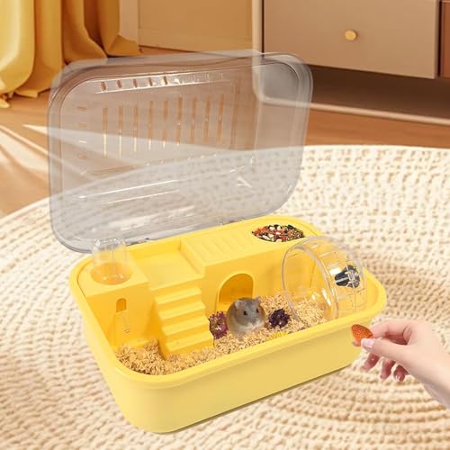 Hamiledyi Dwarf Hamster Cage Clear Plastic Small Hamster Cage Portable Carrier with Water Bottle Exercise Wheel Bathtub Box Set Toy for Dwarf Baby Hamster (Yellow) - color: Yellow