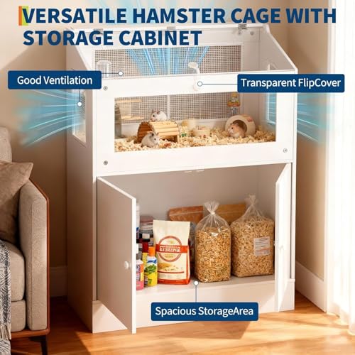 Hamster Cage with Storage Cabinet, Clear Acrylic Small Animal Enclosure with Ventilated Design, Habitat for Hamsters, Gerbils, Rats, Guinea Pigs and Hedgehogs