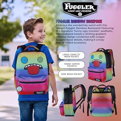 AI ACCESSORY INNOVATIONS Fuggler Backpack with Big Face Oogah Boogah Character, Rainbow Gradient, 16 Inch, Polyester, 3 Pockets, Adjustable Straps, for Kids Ages 5-12 - style: Fuggler Oogah Boogah Backpack