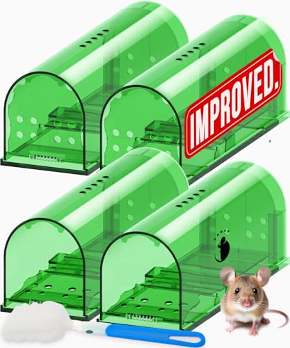 Motel Mouse Humane No Kill Mouse Traps Live Catch & Release - 4 Pack | Imrpoved Tail Protection • Kid & Pet Friendly • No Touch Release • Reusable Design • Easy to Use - color: Regular Green 4 Pack