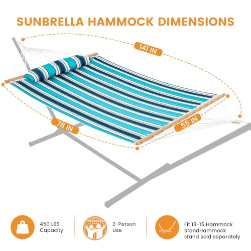 Lazy Daze 12 FT Sunbrella Quilted Hammock, Non-Fading Double Hammock | 2 Person Hammock with Pillow, Straps, Carabiners , All Weather Fade Resistant for Outside, Token Surfside - color: Token Surfside