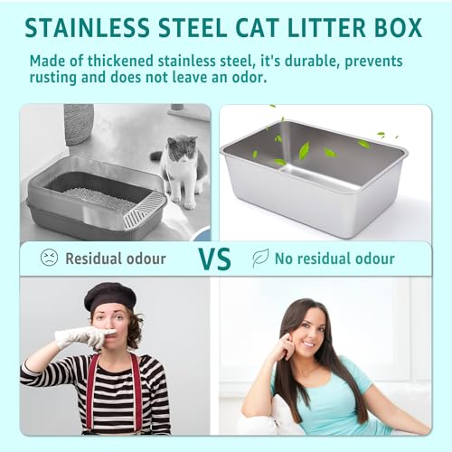 Stainless Steel Litter Box -6in High Side, | Metal Litter Box for Cat/Kitty/Rabbits，Stainless Steel Cat LitterBox-Metal PanToilet,No Smell, Non Stick, Easy Clean - color: M - 17" L x 13" W x 6" H
