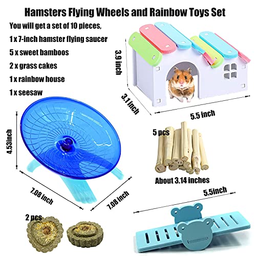 Hamiledyi Hamsters Flying Saucer Silent Mouse Wheel Small Gerbil Running Exercise Toy Kit with Rainbow House Seesaw Grass Cake Sweet Bamboo Snacks for Dwarf Mice 10 Pcs