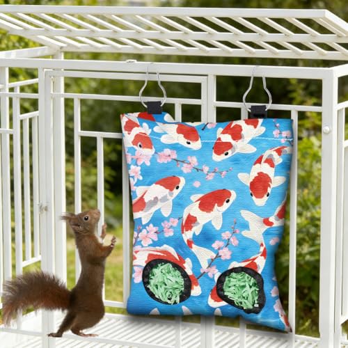 2 Styles Rabbit Hay Feeder for Guinea Pigs 11.6 x 9.1 Inch, Hanging Hay Feeder Bag 2 Pack Fox Fish Pattern Cloth Washable Feeding Storage Holder with 2 Holes for Bunny Chinchillas Hamsters - color: Fox