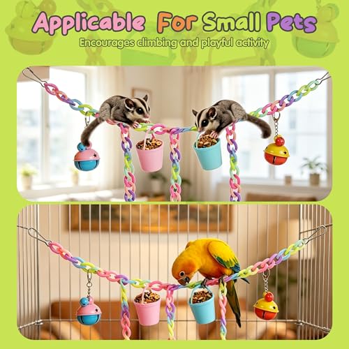 Sugar Glider Toys, Cage Accessories Hanging Climbing Toy Set with Bells | 66 Plastic Links, Bells & Feeding Buckets, Hanging Climbing Toy Set, Foraging Activities, Small Pet Cage Accessories