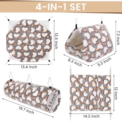 MCEAST 4 Pieces Small Pets Cage Accessories Hanging Hammock Sleeping Bag Tunnel and Bed Hideout Set Warm Sleep Nap Sack Bed for Hamster Ferret Squirrel Rabbit, Coffee Hearts - style: Coffee Hearts