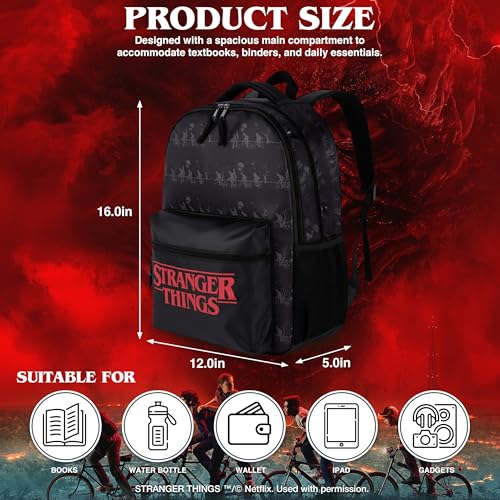 AI ACCESSORY INNOVATIONS Stranger Things Backpack with Character Graphic Pattern, Black, 16x12x5 Inches, Polyester, 3 Pockets, Water Repellent, Adjustable Straps, Padded Back - color: Stranger Things