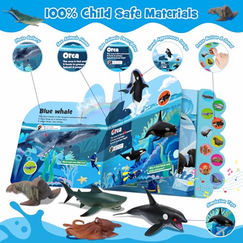 iGRATENS Sea Animal Toys with Sound Books, 10PCS Realistic Ocean Animals Figures & Sea Animals Book with 10 Buttons, Educational Learning Toy for 3+ Year Old Boys, Girls, Kids Birthday Christmas - style: Sea Animals