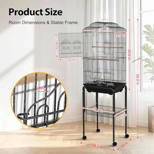 60" Large Bird Cage with Stand, Metal Rolling Parrot Cage with Slide-Out Tray, Storage Shelf, Perch & Bowls, Outdoor Indoor Bird Aviary for Parakeets, Cockatiels, Finches, Aviary for Yard Porch