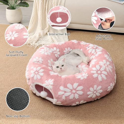 Cute Round Cat Tunnel for Indoor Cats, Pink | Peekaboo Cat Cave with Dangling Balls, Pet Donut Tunnel Bed with Circle Mat for Puppy Kitten Rabbit - color: Pink Flower, size: Round