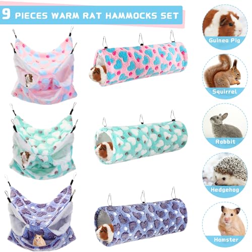 Abbylike 9 Pieces Rat Hammock 3 Tier Guinea Pig Ferret Hammocks Small Pet Hanging Tunnel Glider Toy Guinea Pig Ferret Hideout Bed Cage Accessories for Hamster(Green, Purple, Pink,Heart) - color: Green, Purple, Pink