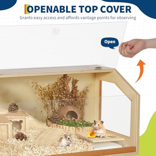 Spacious Wooden Hamster Cage with Acrylic Window & Openable Top – Raised Legs, Seesaw, Platforms, Water Bottle – Chew-Proof Habitat for Dwarf Syrian Hamster, Gerbil, Mouse, Rat – Small Size 81 - size: 32" L x 16" W x 40" H
