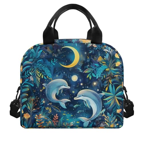 Gold Moon Dolphin Backpacks for School Girls with Lunch Box Container for Kids 8th Grade Kawaii Pencil Box and Insulted Water Bottle Holder 4 Pcs Set Bookbag with Compartment for School - color: Gold Moon Dolphin
