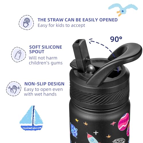Fanhaw 14 oz Kids Water Bottle for School, Insulated Water Bottle with Straw Lid, Stainless Steel Vacuum Insulated Bottle for Boys & Girls, Leak-Proof, BPA Free(Black - Solar System) - color: Black - Solar System
