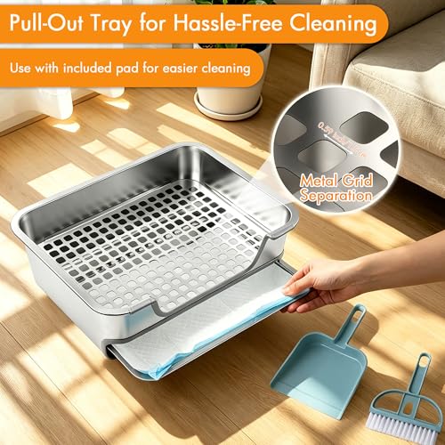 MCEAST Extra Large Stainless Steel Rabbit Litter Box, Pull-Out Bunny Potty Pan with Metal Grid, Rabbit Cage Bathroom Set Includes Pee Pads Cleaning Set for Small Animals (17.7" x 13.8" x 5.9")