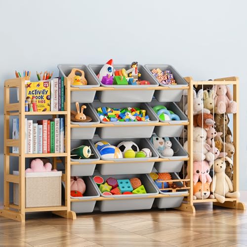 Toy Storage Organizer with Bookshelf and Stuffed Animal Storage - Kids Playroom Organization with Shelves and 12 Toy Bins - Toddler Living Room Toy Box for Lego - Nursery Bedroom Decor Essential - color: Grey, size: 55.2"W,3 Shelves,12 Bins