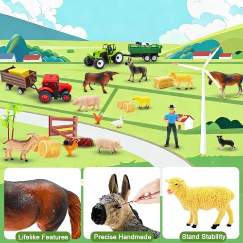 BOLZRA Farm Animal Figures Toy, Realistic Plastic 2 Farm Tractors Playset with Trailer, Farmer Fence Storage Box, Christmas Birthday Easter Gift for Kids 3-8 - style: Farm Animals Figures