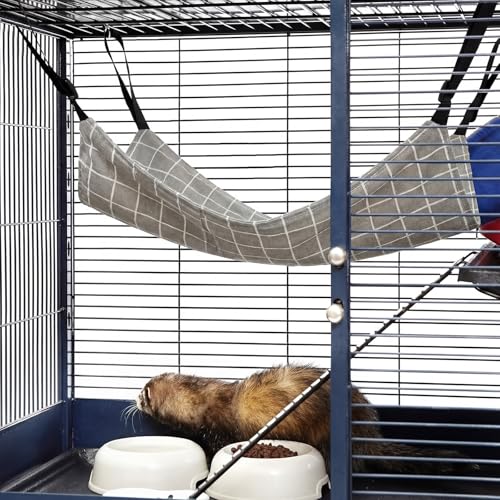 Jetec 2 Pack Cat Hammock for Cage, Catio Accessories Reversible Soft Cats Bed with Adjustable Straps and Hooks Double-Sided Linen and Fleece Hanging Hammock for Cats, Kitten(Cat and Plaid,L) - size: L
