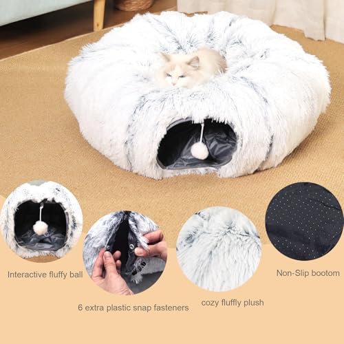 Cat Tunnel with Cat Bed for Indoor Cats, Soft Plush Peekaboo Cat Cave Donut Tunnel, Multifunctional Playground Toys Hideplace for Small Medium Large Kittens, Rabbit, Ferret (L)