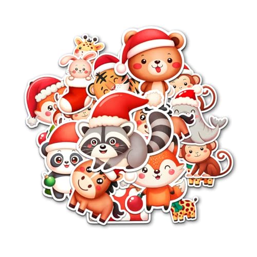 12 Pcs Cute Christmas Animal Stickers, Holiday Decals Featuring Bear, Panda, Fox, Tiger, Giraffe, Deer, Monkey, Bunny in Santa Hats, Festive Stickers for Kids, Gifts, Laptop, Bottle, Notebook 5 Inches - color: Animal, size: 5 Inches