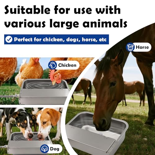 Automatic Dog Water Dispenser 2.5 Gal, 304 Stainless Steel Auto Pet Waterer Bowl with Drainage System + 6.56ft Hose + Float Valve, for Goat Chicken Horse Livestock, 3/4'' GHT Connector Included