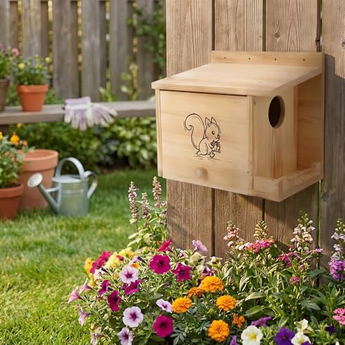 Extra Large Squirrel Houses for Outside 15.7" Outdoor Nest Box with Feeder | Carbonized pine wood, anti-predator design, Mounts on tree or fence. 2-in-1 shelter and feeder for backyard wildlife
