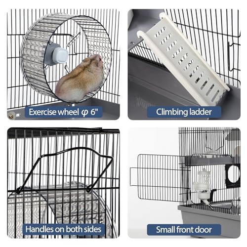 Large Hamster Cage Starter Kit 22x12x15in for Syrian Hamster Dwarf Hamster | with Large Silent Wheel, Large Bathtub, Hide-House, 2 Platforms, 3 Ladders, Water Bottle, Food Bowl, 2 Tube Ports, 2 Handles