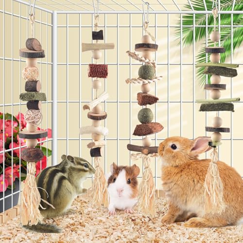 DBNESS 4 Pcs Bunny Chew Toys for Teeth, Hanging Rabbit Chewing Toy Treats with Timothy Grass & Natural Apple Wood, Improve Small Rodent Dental Health for Guinea Pig Hamster Chinchilla Rat Gerbil - size: 4 Pcs