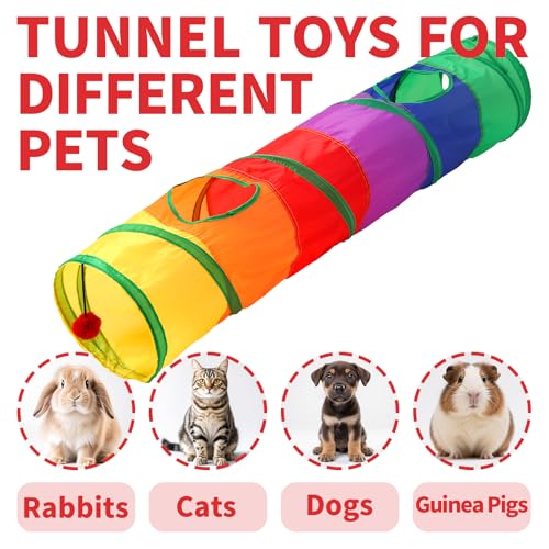 Pet Cat Tunnel, Long Straight Tunnels for Indoor Cats, Collapsible Pet Tunnel for Kitten, Puppy, Rabbit, 25cm-Wide Tunnels, Durable & Breathable, with Peek Hole Toy Ball - color: Long Straight Tunnel & Rainbow