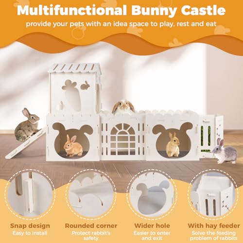 Extra Large Rabbit House, Wooden Bunny Castles with 4 Houses and Hay Feeder, Indoor Guinea Pig Castles Multistory Climbing Tower, Sturdy Wooden Bunny Cage Indoor, Small Animal Pet Rabbit Habitat - size: 4 Houses with Feeder