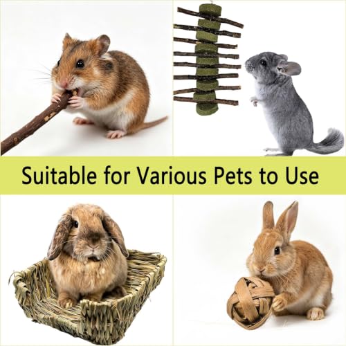 Bunny Grass Bed Mat 21Pcs Rabbit Chew Toys Set Hand-Made Woven Hay Mat | Wood&Bamboo Sticks and Timothy Grass Cake&Ball,Small Animals Teeth Grinding Chew Treat Toy for Guinea Pig - size: 21pcs