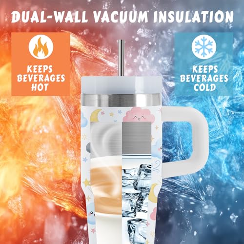 Cloud 14 oz Tumbler, with Handle Straw, Stainless Steel Travel Cup | 14 oz Insulated Water Bottle, Travel Vacuum Coffee Mug, Thanksgiving Christmas Birthday Gift for Daughter, Sky Lover Gifts - color: Cloud-White