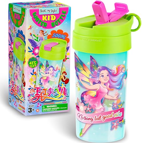 17oz Fairy Kids Water Bottle, Toddler Spout Cover and Carry Handle Design Lid Leak Proof BPA free Cup for Girls Ages 3+ Dishwasher Safe for Sports School Travel Made of Plastic with Silicon Straw
