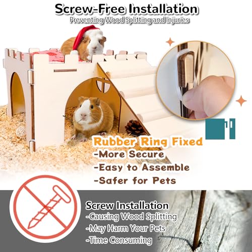 2PCS Guinea Pig Hideout,Large Wooden Guinea Pigs House with Stairs and Mats,Detachable Guinea Pig Castle Hide for Small Animals Hamster Chinchilla Ferret Habitats Accessories - size: 2 Houses