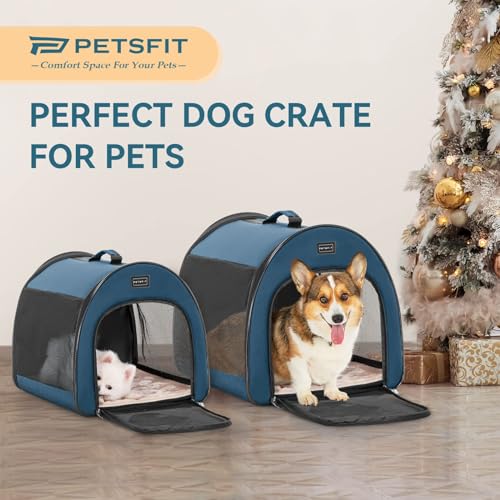 PETSFIT Portable Dog Crate, Travel Dog Crate - 19 Inch Lightweight, Roomy, Easy to Set Up, Sturdy Collapsible Dog Kennel with Thick Mat, Navy Blue - color: Navy Blue, size: 16.5"L x 16.0"W x 19.0"H