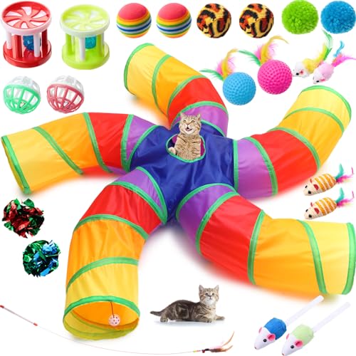 Poen 21 Pcs Cat Tunnel for Indoor Set Collapsible 5 Way Tubes with 20 Pcs Cat Kitten Toys Interactive Feather Toy Mouse Crinkle Balls Tube for Puppy Kitten Rabbit(Colorful) - color: Colorful
