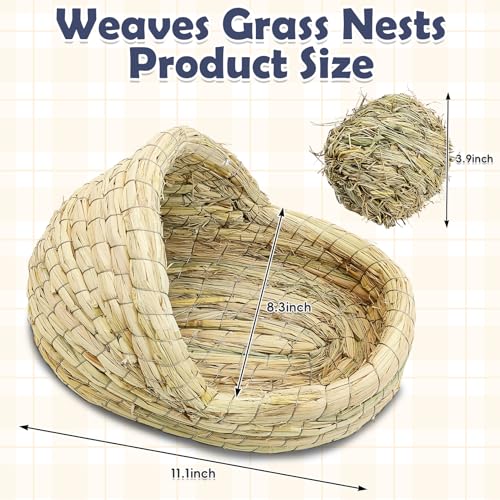 kathson Rabbit Grass House Bunny Woven Hay Bed Guinea Pig Hideout Hand Woven Natural Grass House for Hamster and Small Animals with Hay Chew Balls Toys - size: 11.1×8.3×6.8in,Large
