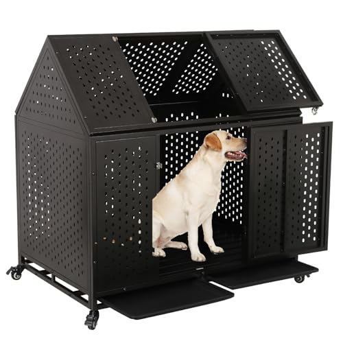 44 inch Heavy Duty Indestructible and Escape-Proof Dog Crate Cage for Large Giant Dogs, Steel Double Door Indoor High Anxiety Pet Kennel with Trays and Wheels, Extra Large XL XXL - size: 43.3"L x 29.5"W x 46.1"H