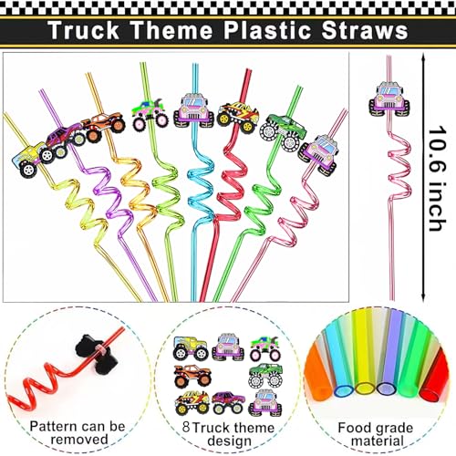 110PCS Monster Truck Party Favors, Birthday Decorations and Goodie Bag Toys | 110PCS monster truck party favors with boxes, trucks, sunglasses, stickers, bracelets, keychains, bubble wands and straws. - style: Monster Truck