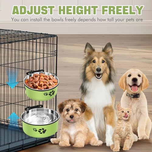Dog Crate Water Bowl, ShineMe 54oz & 34oz Stainless Steel No Spill Crate Food and Water Bowl, Kennel Bowls Mountable for Medium and Large Dogs, Cats and Pets, Set of 2, Green (7.1x2.9” & 6.2x2.6”) - color: Green, size: L (54oz+34oz)