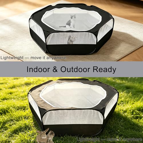 Small Animals Playpen with Top Zippered Cover Pet Yard Fence Black | High-Strength Steel & Breathable Mesh, Portable Indoor Outdoor Hexagonal Foldable Pet Tent for Chinchillas, Guinea Pig - color: Black