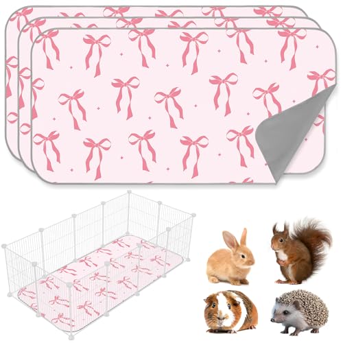 JarThenaAMCS 3 Packs Guinea Pig Pee Pads 24" x 47" Reusable Guinea Pig Pee Mat Pink Bow Washable Small Animal Cage Liner for Rabbit Hamster Chinchilla Ferret Rat